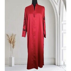 Cabernet Long Robe Red Satin Housecoat Loungewear Zip Up With Pockets